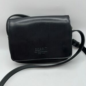 90s Esprit Black Faux Leather Crossbody Bag Adjustable Strap Silver Hardware Y2K